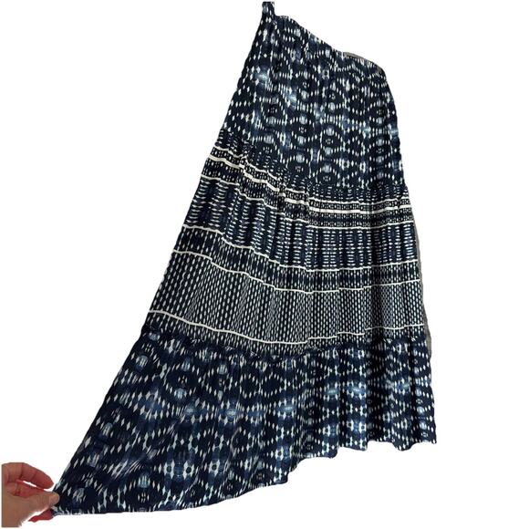Lane Bryant 14/16 Blue White Batik Coastal Elastic Waist Tiered Boho Maxi Skirt - Picture 2 of 5